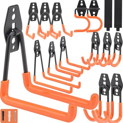 16 Pack Steel Wall Mount Garage Storage Hooks with Anti-Slip Coating, Heavy Duty, Hooks, for Hanging Bike, Ladder, Garden Tools