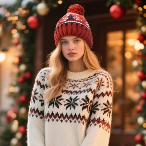 Winter Beanie Hat for Women - Warm Fleece Lined Pom Knit Earflap - D-Brick Red