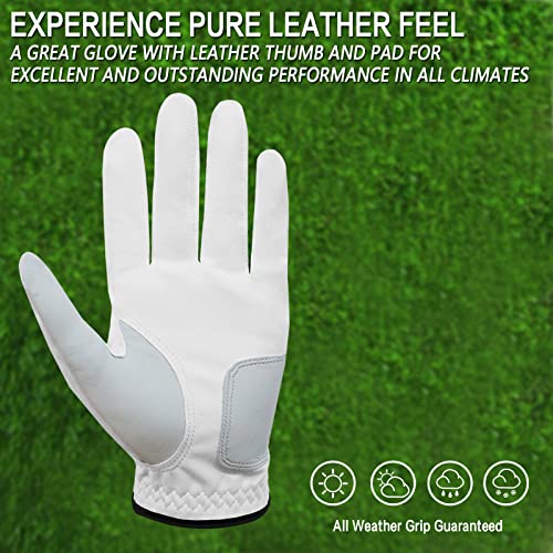 Golf Gloves for Men - 5 Pack, Soft Cabretta Leather, White, Medium-Large Left Hand