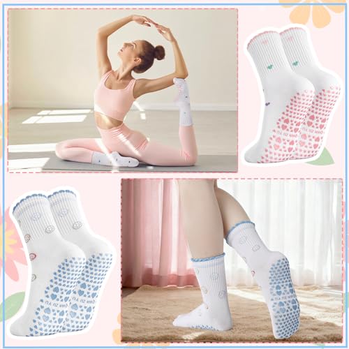 Women's Ruffle Pilates Grip Socks - Non-Slip Yoga Crew Socks - Pink/Blue
