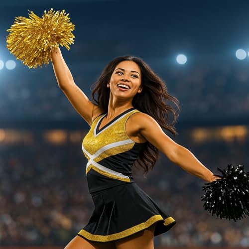 Cheerleading Pom Poms with Handle - 2 Pack Gold-Black Glitter