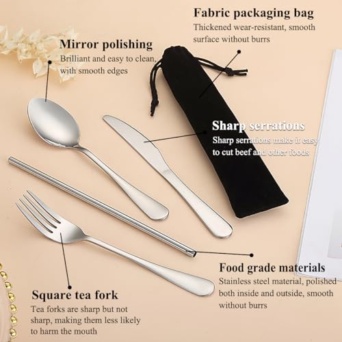 Stainless Steel Camping Utensil Set - 4-Piece Flatware with Black Storage Bag
