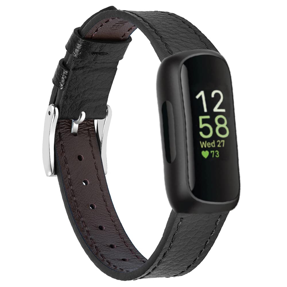 Genuine Leather Bands Compatible with Fitbit Inspire 3/Inspire 2/Inspire HR/Inspire, Classic Replacement Wristbands Straps with Quick Release Women Men Black