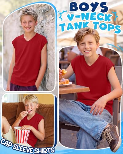 Boys V-Neck Tank Top - Lightweight Cap Sleeve Shirt - Red, 11-12 Years