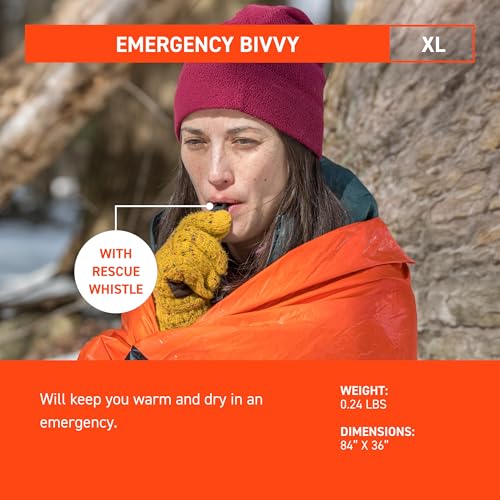 SOL Emergency Bivvy XL with Rescue Whistle - Reflective Survival Blanket & Shelter, Orange, 84x60 Inches