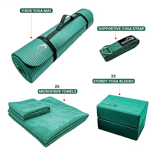 Yoga Kit - 7-Piece Set with Thick Mat, Blocks, Towels & Bag - Green