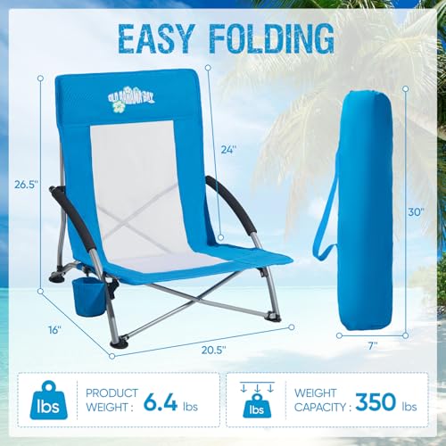 Old Bahama Bay Blue Folding Beach Chair 2 Pack - Low Profile Outdoor Camping & Sand Lounge Chairs with Cup Holder & Mesh Back, Supports 350lbs