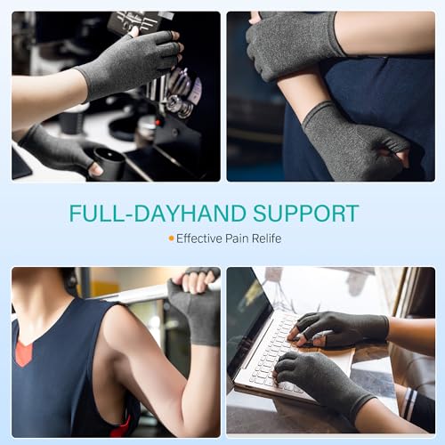 Compression Arthritis Gloves - Fingerless Hand Support - Black & Grey Medium