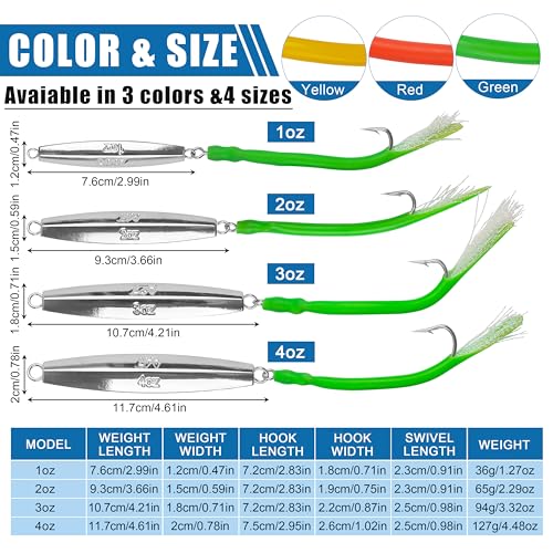 Diamond Jigs Saltwater Fishing Lures 3oz (3 Colors) Tube Tail Teaser, Stainless Steel Hook