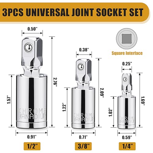 3PCS Universal Joint Socket Set, 1/4¡± 3/8¡± 1/2¡± Drive Swivel Socket Adapter Set, Premium Chrome Vanadium Steel Universal Joint Socket Adapter Suitable for Narrow Spaces- Tiosamd