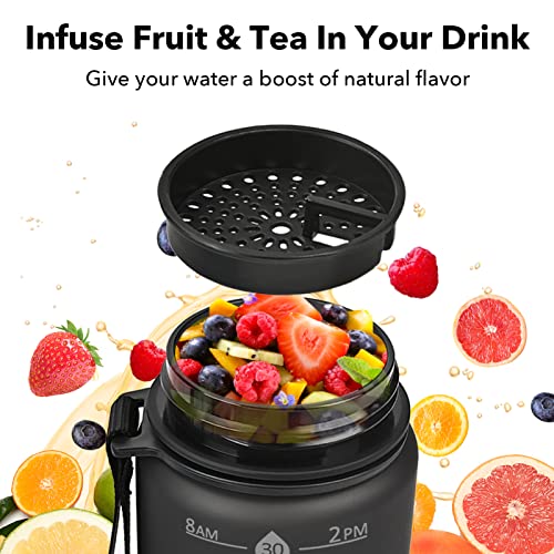Black 32oz Motivational Water Bottle with Time Marker & Strap - BPA-Free Leak-Proof