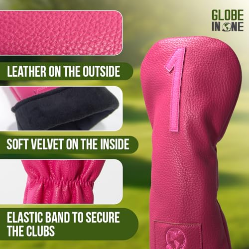Pink Premium Golf Club Head Covers Set of 4 – Driver, 3 & 5 Fairway Woods, Hybrid X | Globe in One