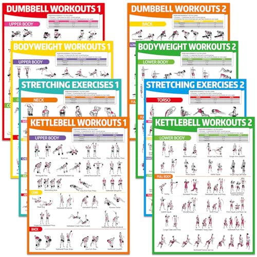 8-Piece Workout Poster Set for Home Gym - Dumbbells, Bodyweight, Stretching, Kettlebell