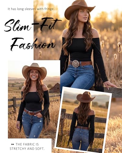 Women Large Black Fringe Western Cowgirl Shirt Off Shoulder Fitted Top
