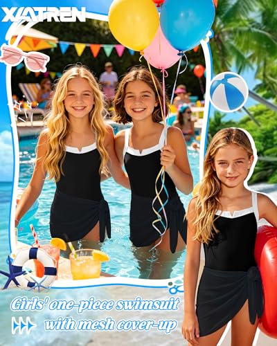 Girls One Piece Swimsuit with Skirt - Black, 15-16 Years