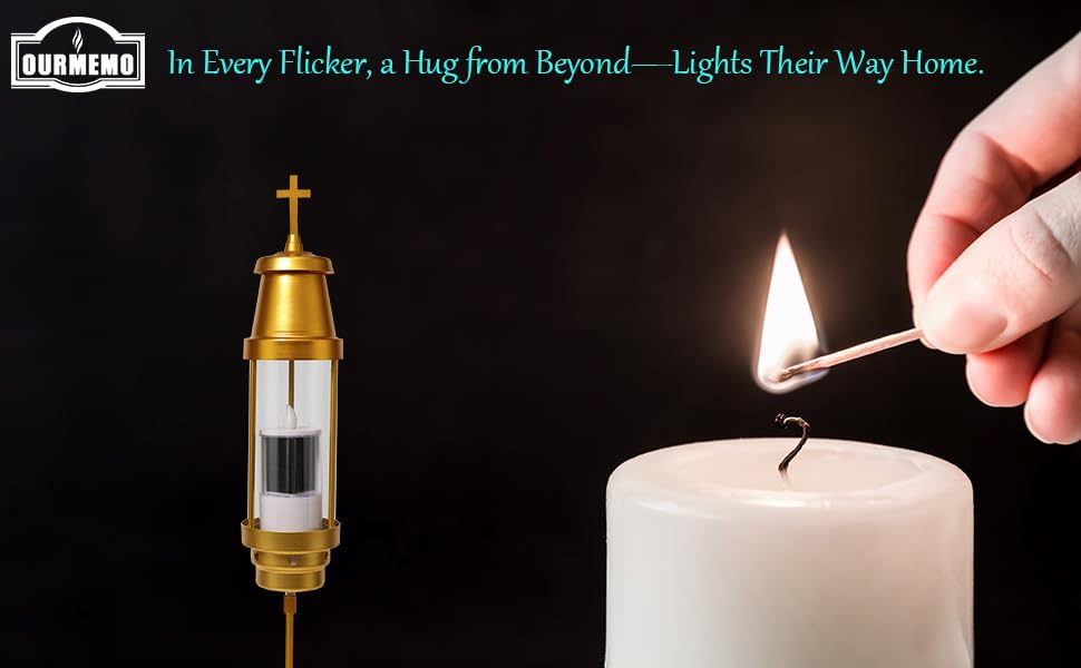 OURMEMO Cemetery Solar Lights for Grave,Includes 2.5" x6.5'' Grave Candles,4" x34''Cemetery Memorial Light Candle Holder,Standard Spike and Base,Perfect Addition to Headstone (Latin Cross Classic)