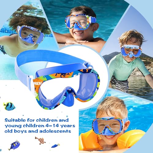 WAVE Kids Dinosaur Blue Swim Goggles with Panoramic Mask, Anti-Fog & UV Protection