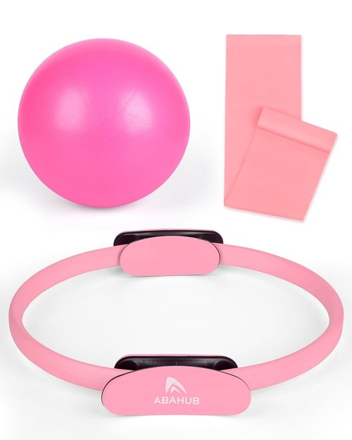Abahub Pilates Ring Set, Home Workout Pilates Equipment Pilates，14”Magic Circle, 9”Mini Ball, Yoga Bands, Hoop for Women Home Fitness, Toning Arms, Thighs/Legs & Core, Pink Set