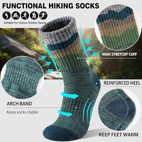 Merino Wool Hiking Socks 5 Pairs — Thermal, Moisture-Wicking Cushioned Crew Socks for Men