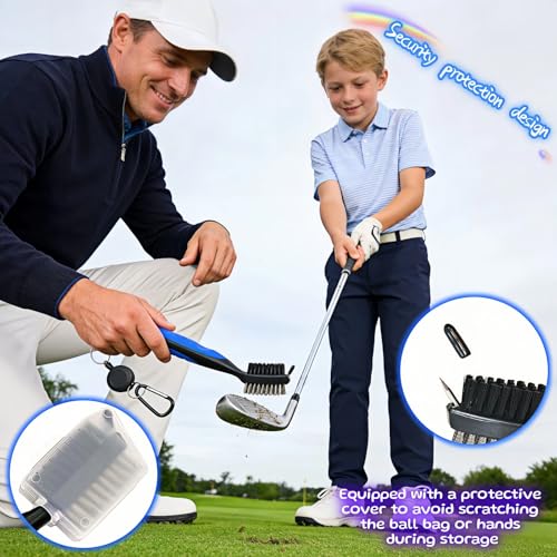 Dual-Sided Golf Club Brush with Retractable Zip-Line & Groove Spike - Blue