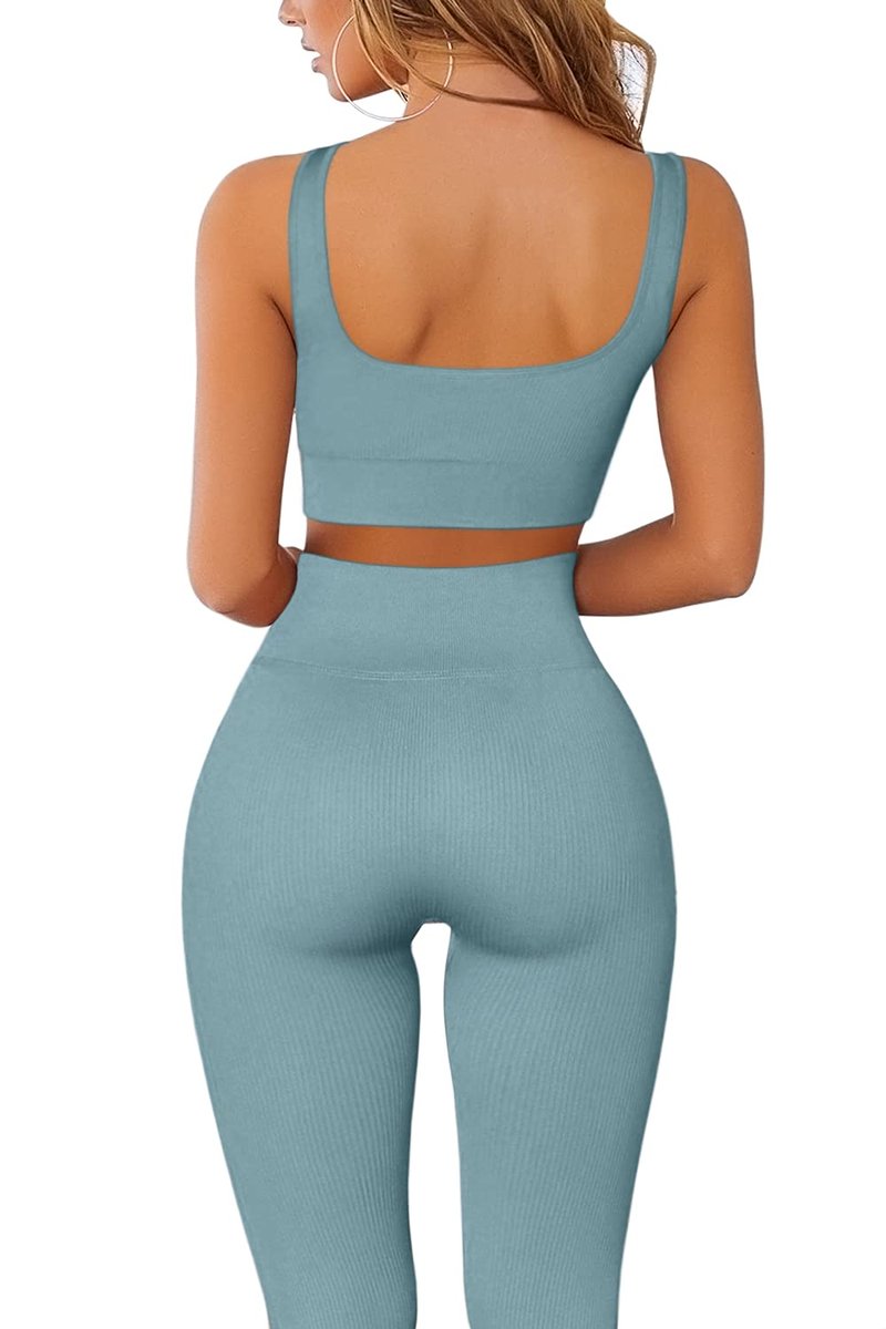 QINSEN Womens Yoga Pants Bodycon 2 Piece Outfits Sport Bra High Waist Seamless Leggings Blue S