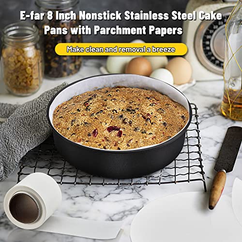 8 Inch Cake Pans Set of 2 with Nonstick Coating & Pre-Cut Parchment Paper (E-far)