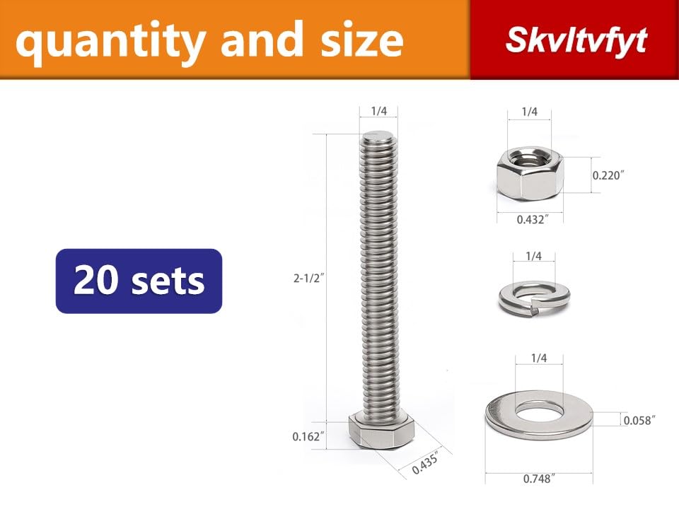 (20 Sets) 1/4-20 x 2-1/2" Hex Head Screw Bolt, Nuts, Flat Washer & Spring Lock Washers, 18-8 (304) Stainless Steel, Fully Threaded, by Skvltvfyt