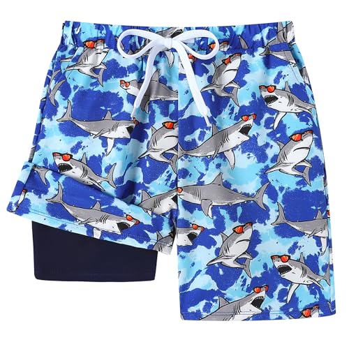 Boys Swim Trunks with Compression Liner - Blue Shark, 6-7 Years