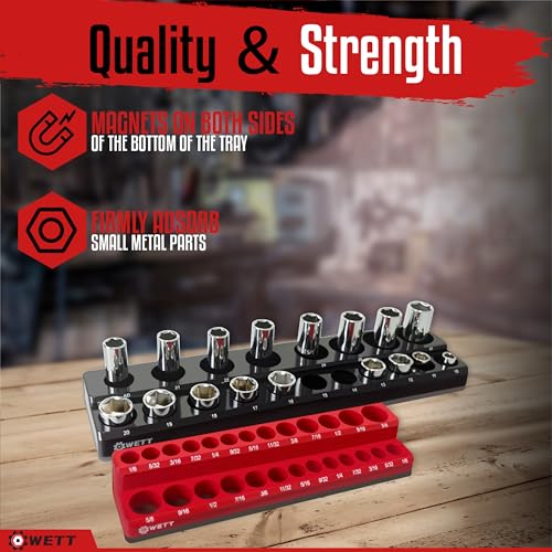 WETT Magnetic Socket Organizer Set, 6-Piece Socket Holder Set, 1/4", 3/8", 1/2" Drive Magnetic Sockets Trays, Holds 143pcs SAE & Metric, Standard Shallow and Deep Size Sockets (Socket not Included)