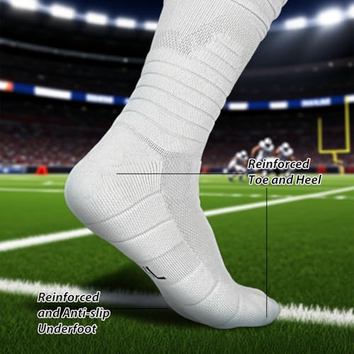 Finerview Extra Long Padded Football Socks 2 Pairs Black/White Large Men Women Sports