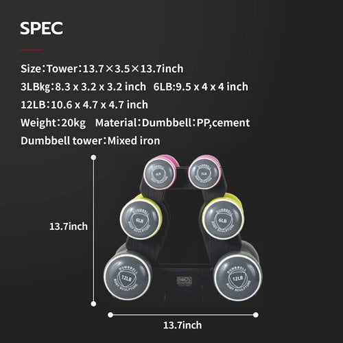 Body Sculpture hand weights set Free‑Weight Dumbbell Set with Rack Set includes 3, 6 and 12 lb weights ideal for men and women for small and large muscle groups