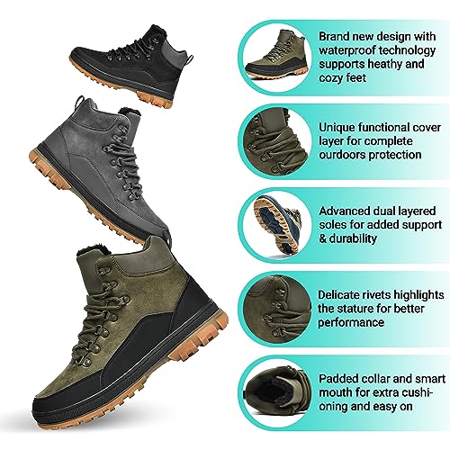 Wondamo Men’s Snow Boots Green/Black 12 Lightweight Waterproof Winter Boots