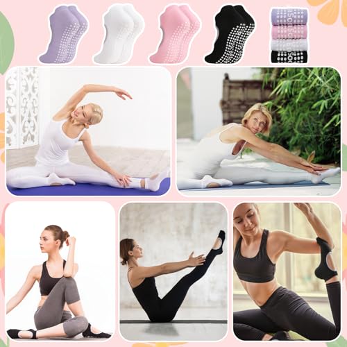 Non-Slip Yoga Socks for Women - Pilates Grip Socks - 4 Pack Pink White Black