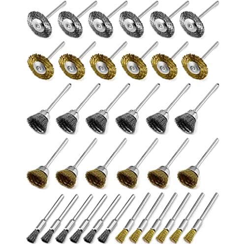 QWORK 36Pcs Brass & Stainless Steel Wire Brush Polishing Wheel Kit for Rotary Tools - for Metal, Wood Grinding, Deburring, and Polishing