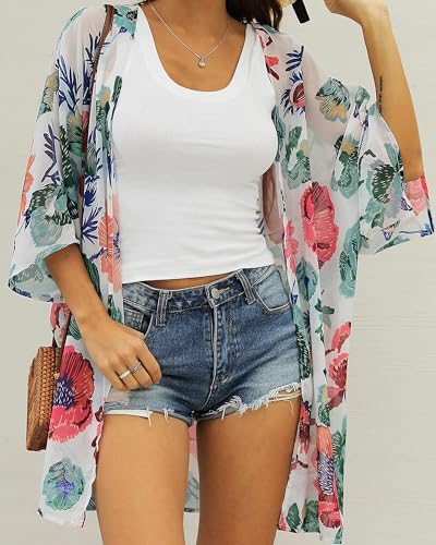 CHICGAL Women's XL Daisy White Flower Kimono Swimsuit Coverup for Summer Beach Swimwear
