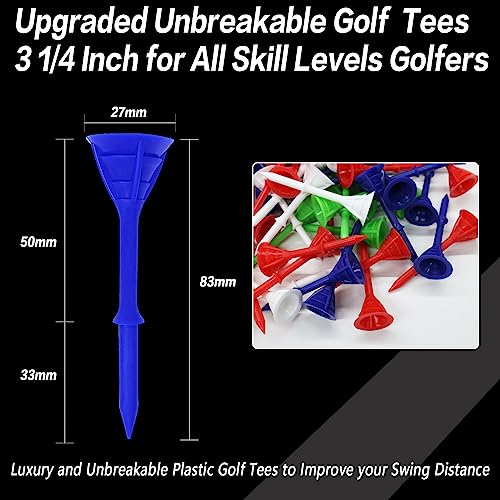 Plastic Golf Tees - 3 1/4 Inch, Unbreakable, Multicolor - 24 Pack