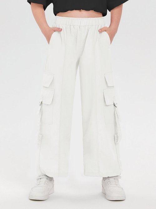 Haloumoning Girls Parachute Pants Kids Wide Leg Cargo Pants Y2K Street Trousers with Pockets 5-14 Years White