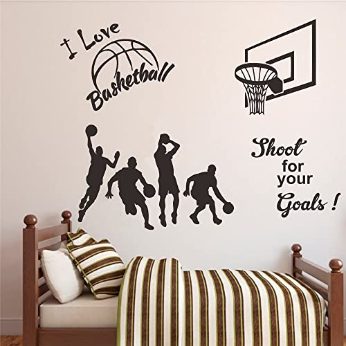 Basketball Wall Sticker for Boys Room - Action Silhouettes & Hoop Design with ¡°I Love Basketball¡± Quote - Removable Vinyl PVC Decal for Bedroom, Playroom, Sports Decor - 32x23 Inch JWH178 (Black)