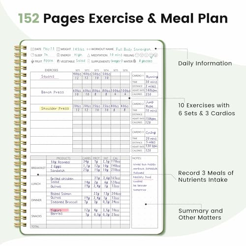 Dapsang Green Fitness Journal for Women & Men, Undated Workout & Nutrition Planner with Measuring Tape, 9.5x7 inches
