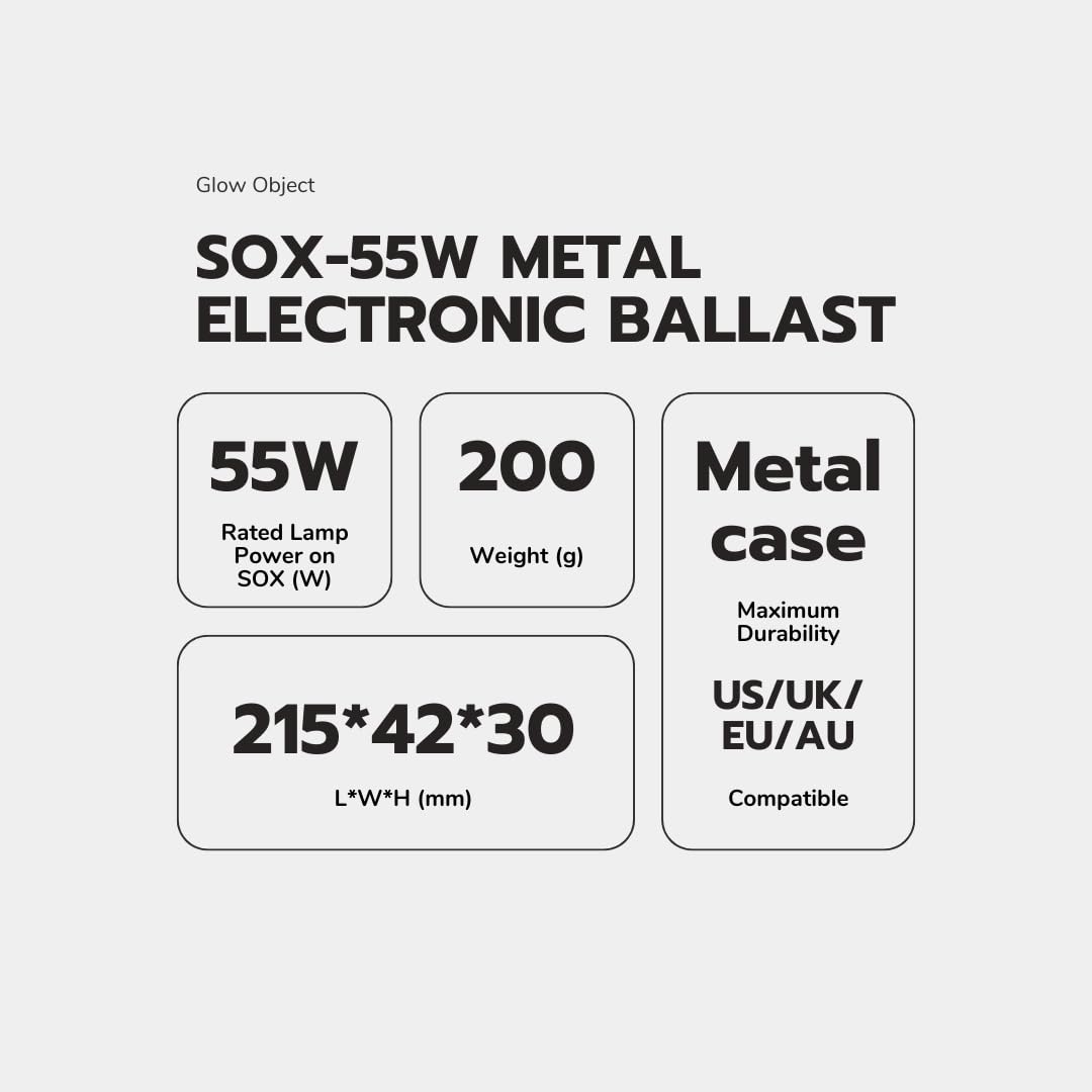 Glow Object - All-in-One Metal Electronic Ballast for SOX 55W Low Pressure Sodium Lamps & Bulbs - Monochromatic Light, No Transformer/Ignitor Required - Industrial Heavy Duty, Commercial Grade