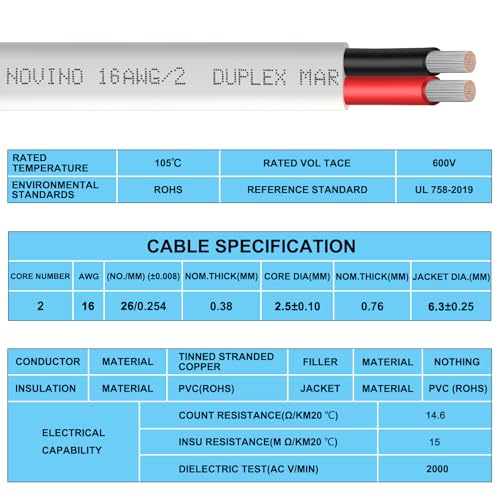 50ft NOVINO 16 AWG Marine Grade Duplex Copper Wire, Tinned, Heavy Duty