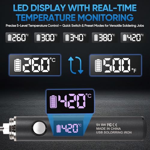 Cordless Soldering Iron Kit, Rechargeable USB-C Soldering Pen with OLED Screen, Portable Battery Powered Solder Iron for Electronics Repair, Includes 3 Tips & Lead-Free Solder Wire