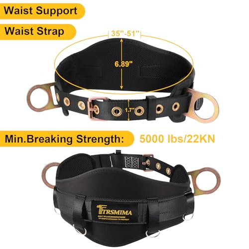 TRSMIMA Safety Harness Climbing Belt - Black Body Fall Protection Men Roof Tree Work Waist-Tongue Buckle Pad D-Ring