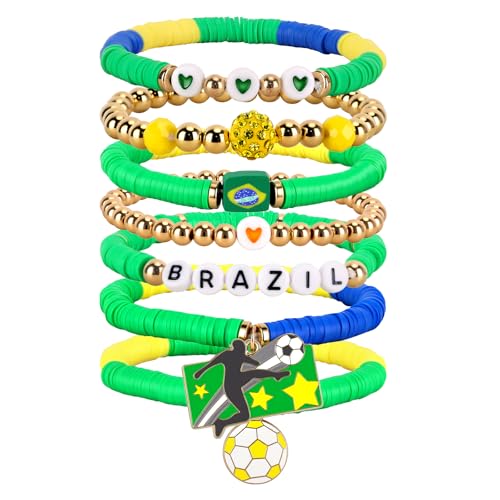 Soccer Bracelet for Women - Brazil Charm Beaded Stretch Bracelet