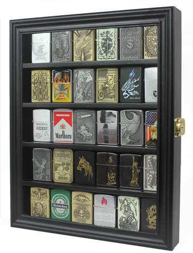 Black Wall Mount Display Case for Zippo Lighters - Holds 30 Collectibles