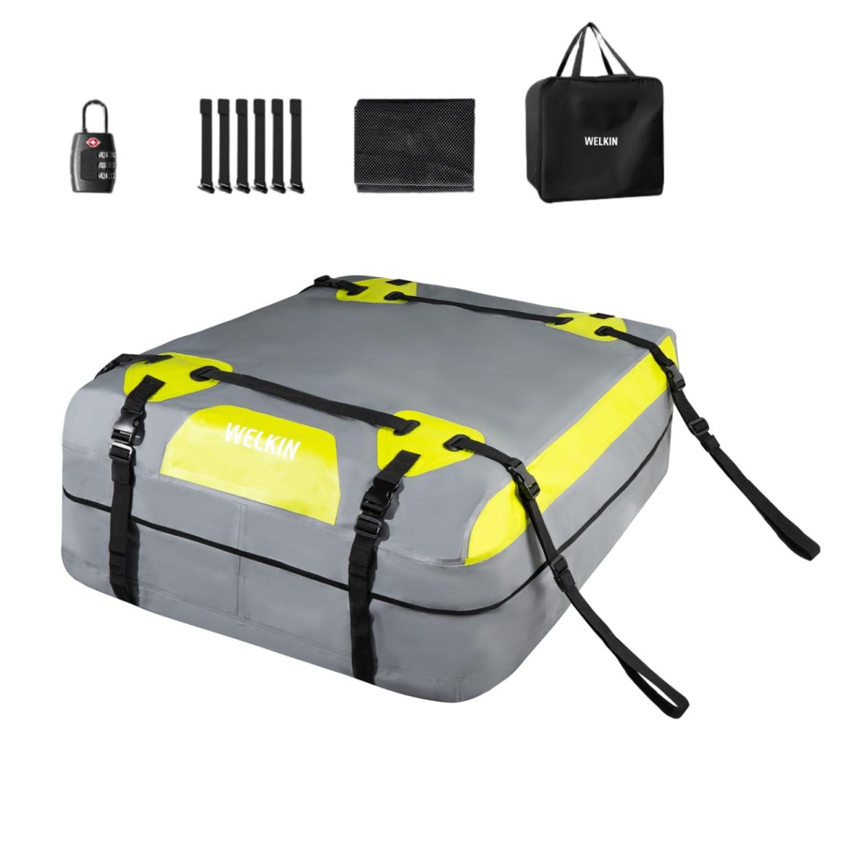 WELKIN Heavy Duty Rooftop Cargo Carrier Bag - 15 Cubic Waterproof Car Roof Bag for All Vehicles with/Without Rack - Includes Anti-Slip Mat, 6 Door Hooks, TSA Lock & Storage Bag - Reinforced Straps