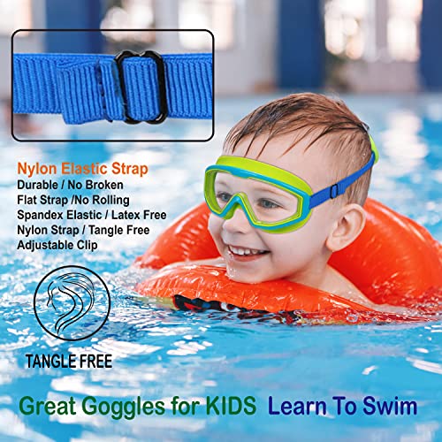 Kids Swimming Goggles with Fabric Strap - Wide View - Blue Shell