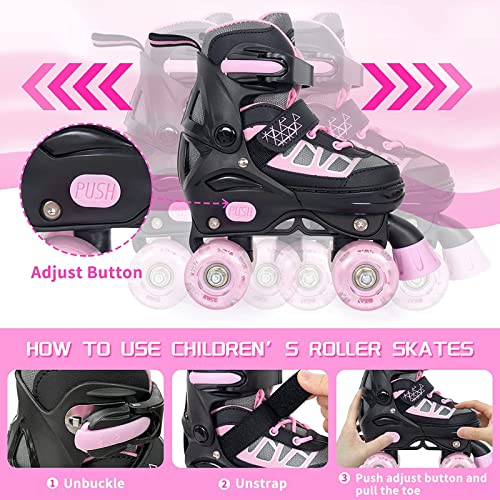 MammyGol Adjustable Kids Roller Skates Pink Small 9C-12C with Light-Up Wheels