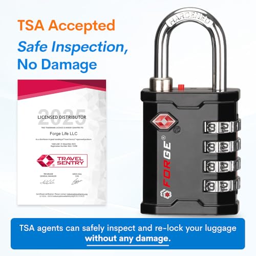 Forge 4-Digit TSA Approved Travel Locks ? Heavy-Duty Combination Padlock for Travel, Gym, Pelican Case. Black 2-Pack.