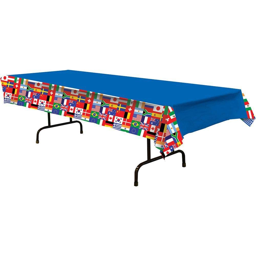 Beistle International Flag Tablecover, Global Party Decorations, Multicultural Rectangular Plastic Tablecloth for Parties, Classrooms, Fairs, 54" x 108"